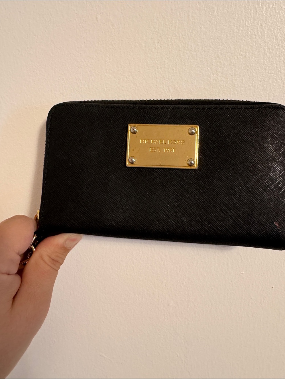 Michael Kors Black Saffiano Zip-Around clutch with Gold Plaque
